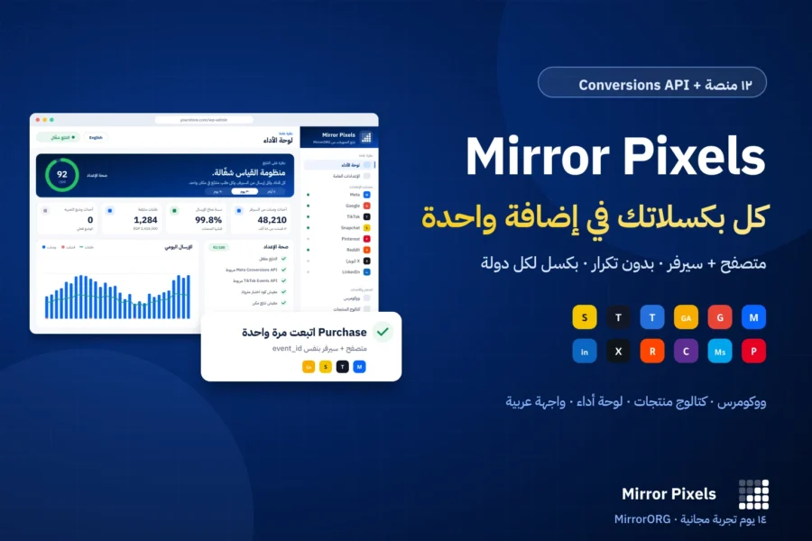 Mirror Pixels — إضافة بكسل فيسبوك وتيك توك وجوجل لووكومرس