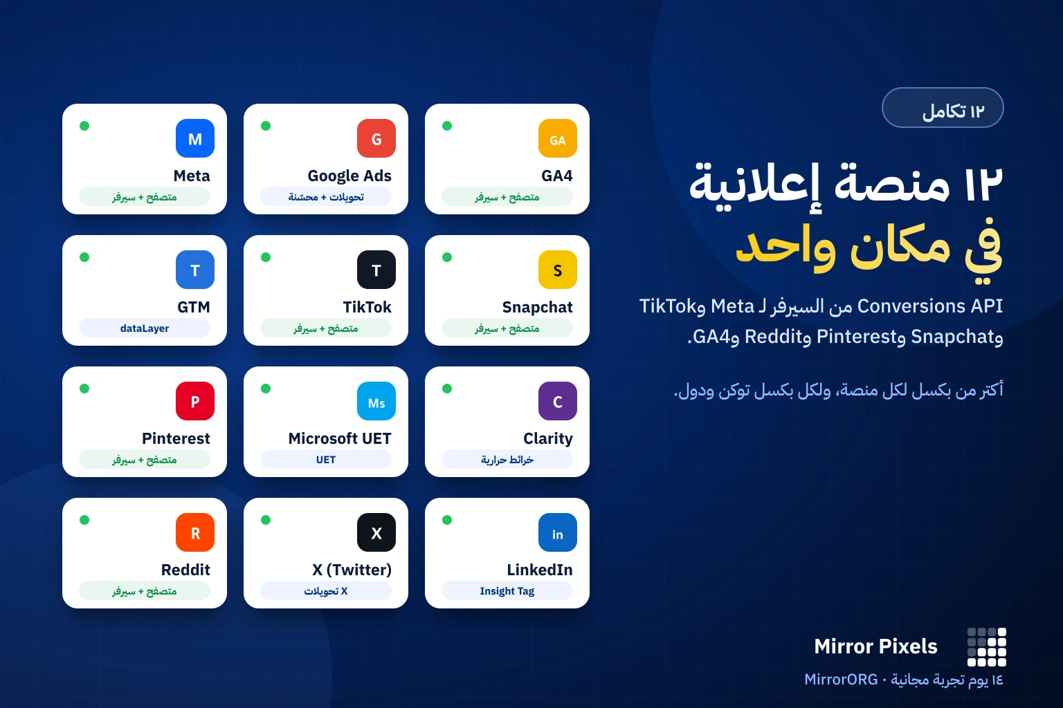 ١٢ منصة إعلانية في Mirror Pixels: Meta وGoogle وTikTok وSnapchat وPinterest وReddit وX وLinkedIn